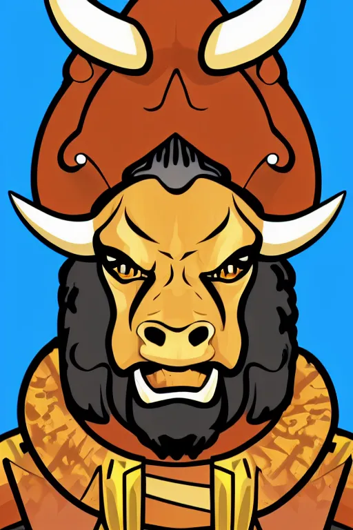 Image similar to A portrait of a bull as evil warlord general, sticker, Anthropomorphized, portrait, highly detailed, colorful, illustration, smooth and clean vector curves, no jagged lines, vector art, smooth