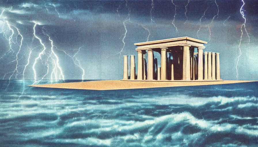 Image similar to A 1985 vintage magazine architecture photo of a beach doric temple, mediterranean architecture, refracted lines and sparkles, thunderstorm outside, beach on the background major arcana sky and occult symbols, hyperrealistic, award-winning, 1985