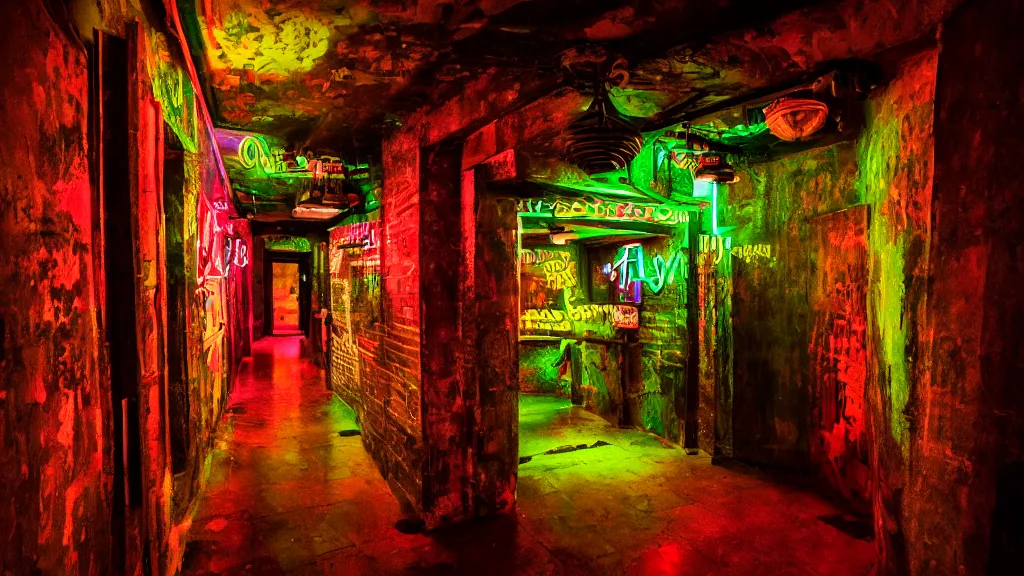 Image similar to detailed photograph of a extremely narrow nightclub hallway with a ( ( neon ) ) sign, aztec architecture, dimly lit