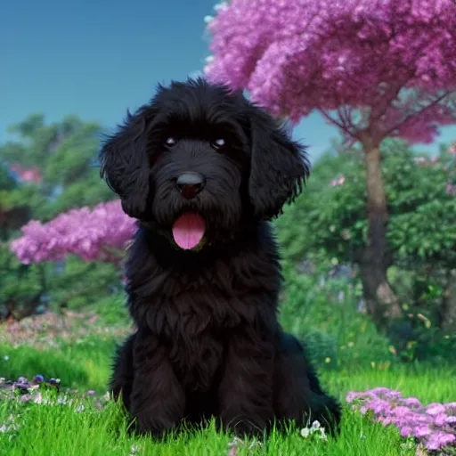 Image similar to a wholesome animation key shot of a black bernedoodle puppy, studio ghibli, pixar and disney illustration, sharp, rendered in unreal engine 5, anime key art by greg rutkowski, bloom, dramatic lighting