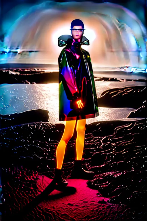 Image similar to an ultra high definition professional high fashion portrait studio full length photograph of a model wearing a transparent pearlescent raincoat and neon visor in an icelandic black rock environment at dawn. no artefacts. extremely detailed. stark. refraction. shallow depth of field. volumetric light and shadow. ray tracing. light rays.