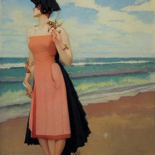 Image similar to woman on black dress, part leyendecker style, sea behind, pretty face, part dean cornwell style