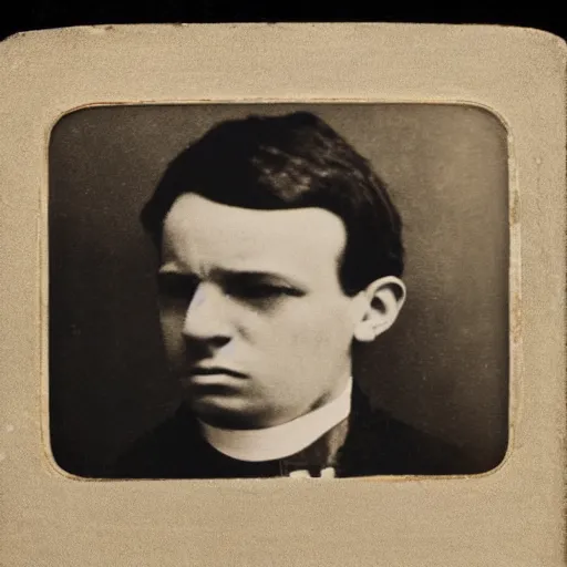 Prompt: close up photo portrait of a 19th century gangster maniac by Diane Arbus and Louis Daguerre