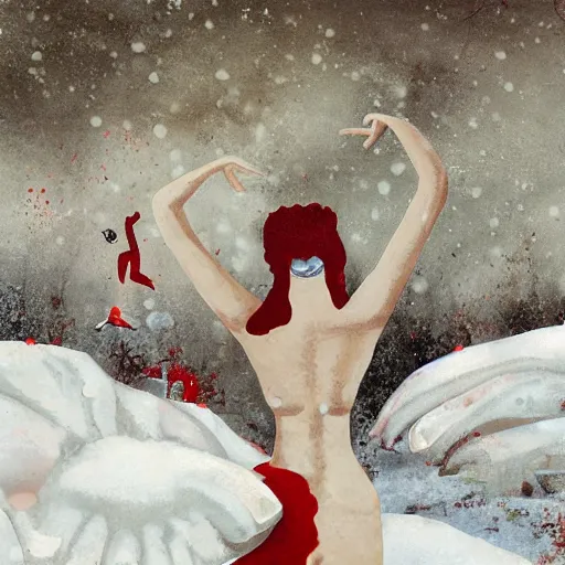 Image similar to a surrealist painting of a lonely woman with white skin and red hair standing over pile of bodies in post apocalyptic snowy landscape painted by beksinsk