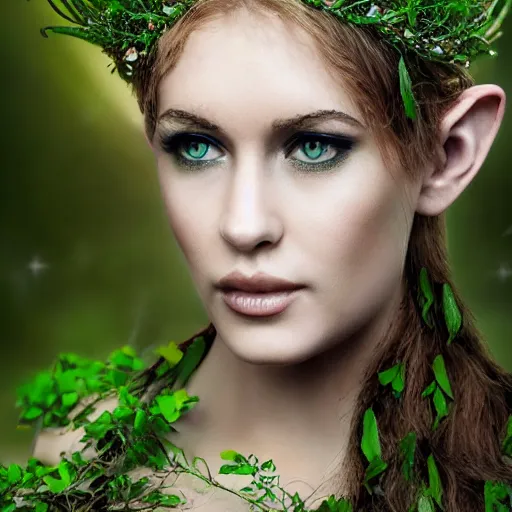 Prompt: heavenly beautiful elven queen with a leaf crown, hints of silver jewelry, overgrown, full body, forest background, elegant, intricate detail, dramatic lighting, mist, green aura, 8k