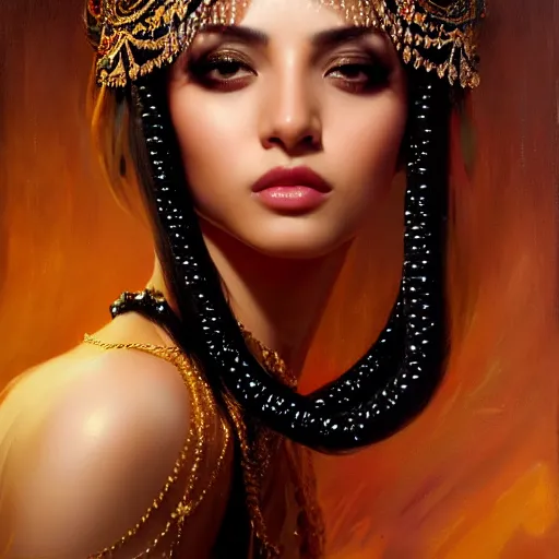 Prompt: expressive oil painting, of alluring persian princess, loving expression, smooth glowing skin, oiled body, pretty eyes, love, adoration, ornate headpiece of black beads, tattoo, glamour shot, by yoshitaka amano, by greg rutkowski, by jeremyg lipkinng, by artgerm, digital art, octane render