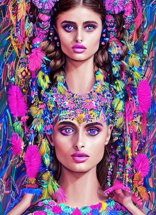 Image similar to beautiful portrait render of Taylor Hill wearing fantastic dress in the VICTORIA'S SECRET fashion show,embellished beaded feather decorative fringe knots ,colorful pigtail,subtropical flowers and plants,perfect symmetrica body shape,symmetrical face,intricate,elegant,highly detailed,8k,post-processing,digital painting,trending on pinterest,harper's bazaar,concept art, sharp focus, illustration, by artgerm,Tom Bagshaw,Lawrence Alma-Tadema,greg rutkowski,golden ratio