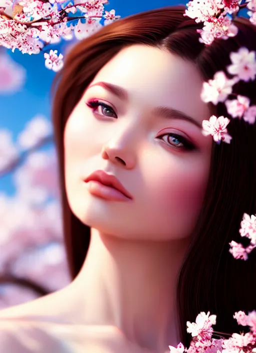 Image similar to photo of a gorgeous female in the style of stefan kostic, realistic, half body shot, sharp focus, 8 k high definition, insanely detailed, intricate, elegant, art by stanley lau and artgerm, extreme bokeh cherry blossoms