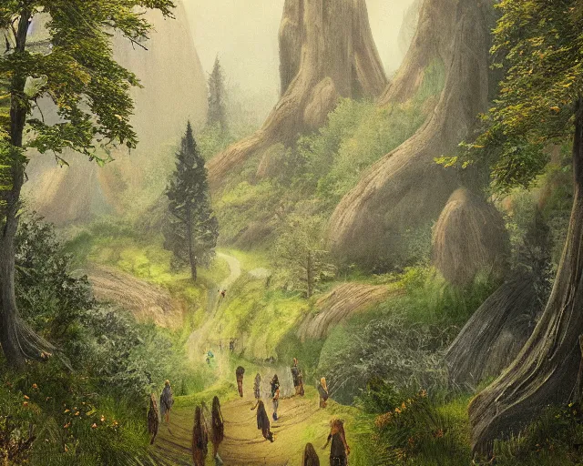 Prompt: a valley with tall trees and two hobbits walking through the forest in the style of Tolkien, by Raoul Vitale