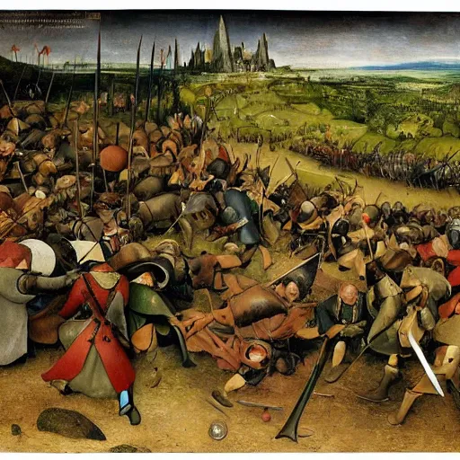 Prompt: a beautiful installation art of a battle scene from the lord of the rings. by pieter bruegel the elder