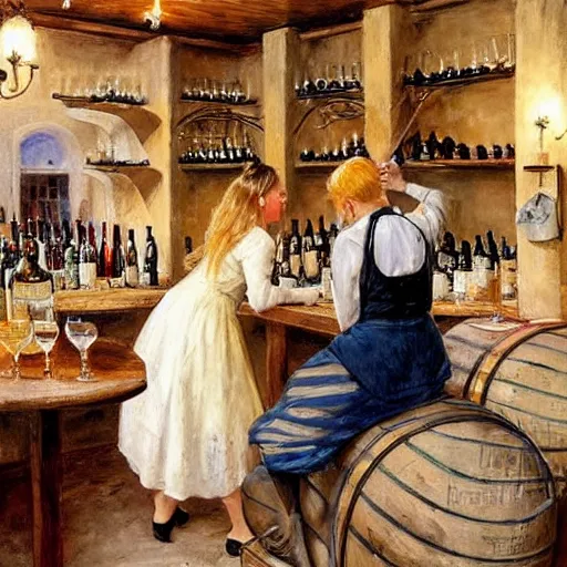 Prompt: hot blonde working in a wine cellar, food, pork, beer, schnapps, rustic, traditional, torches on the wall, painting by vladimir volegov and carl larsson