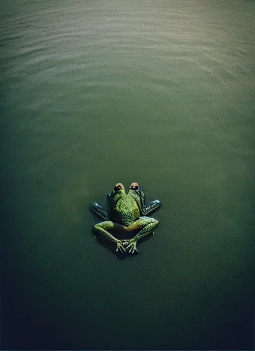 Image similar to “smiling frog vertically hovering over misty lake waters in jesus christ pose, low angle, long cinematic shot by Andrei Tarkovsky, paranormal, eerie, mystical”