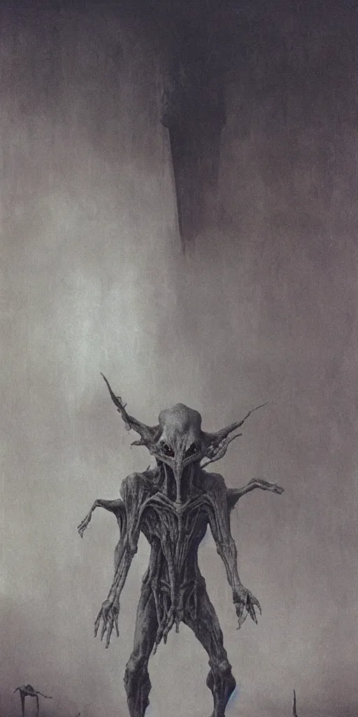 Image similar to demonic alien with long fingers at the foot of the bed in a dark room, tombstones, cows, Beksinski