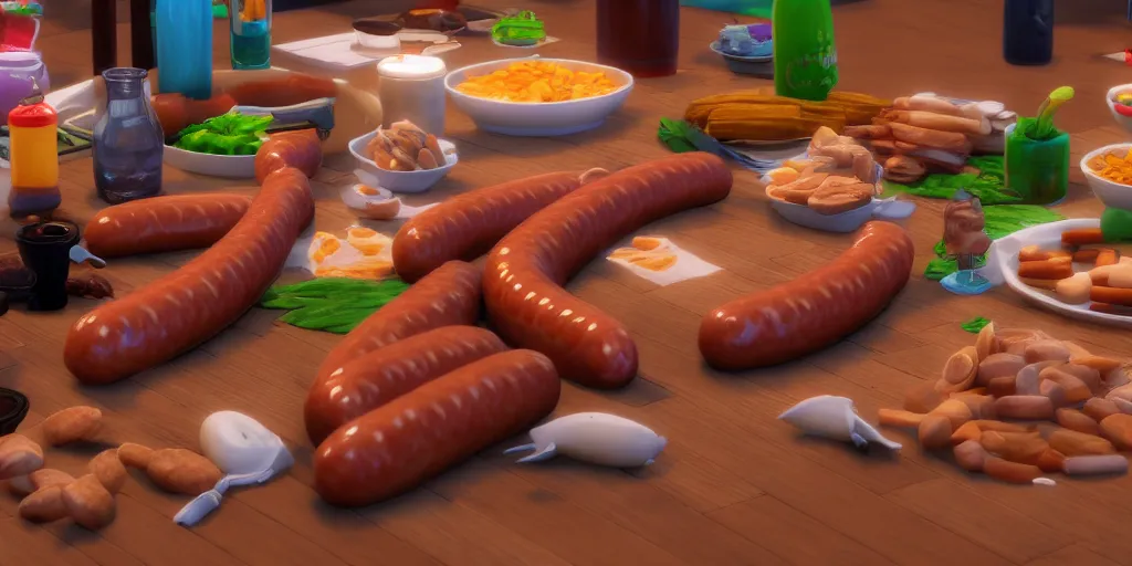 Image similar to sausage party inside sims 4. Octane render, 4k, 8k, unreal 5, very detailed, hyper realism, trending on artstation.