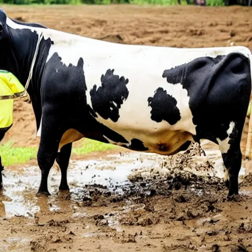 Prompt: a person in a cow costume, stuck in mud