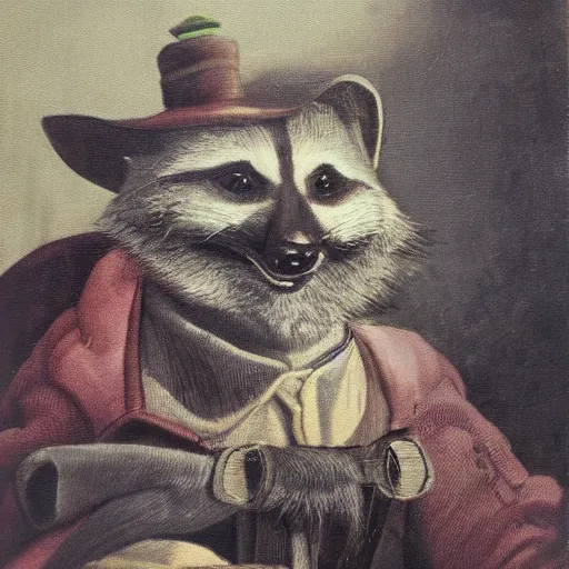 Image similar to a gentleman raccoon wearing a tophap and a kaneda jacket, portrait, painting, detailed, artwork by Hyacinthe Rigaud