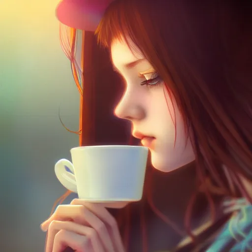 Prompt: a portrait of a girl drinking coffee , fantasy, anime , madhouse production, HDR, natural light, shoulder level shot, dynamic pose, award winning photograph, Mucha style 4k,