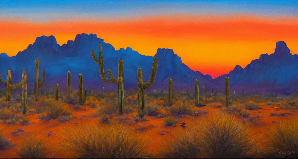 Prompt: painting of the sonoran desert at sunrise, beautiful painting, oil on canvas, by Ewa Czarniecka, award winning masterpiece,