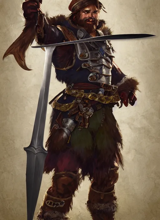 Image similar to strong young man, photorealistic bugbear ranger holding sword, fire magic, black beard, dungeons and dragons, pathfinder, roleplaying game art, hunters gear, jeweled ornate leather and steel armour, concept art, character design on white background, by sargent, norman rockwell, makoto shinkai, kim jung giu, artstation trending, poster art, colours red and green