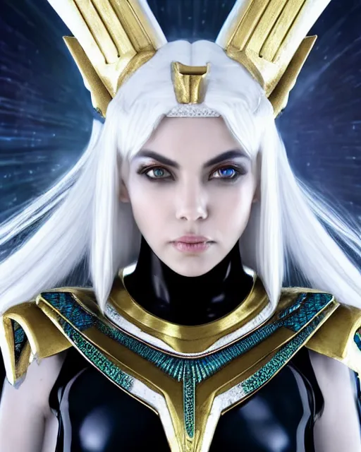 Prompt: perfect white haired attractive egyptian goddess, warframe armor, pharaoh headdress, beautiful, symmetric, dreamy, half asian, pretty face, green eyes, charlize theron, detailed, scifi platform, laboratory, experiment, 4 k, ultra realistic, epic lighting, android body, illuminated, cinematic, masterpiece, art by akihito tsukushi, voidstar