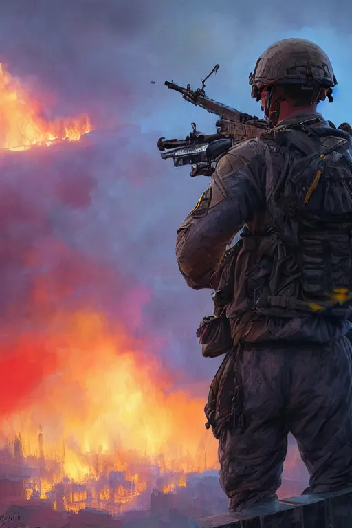 Image similar to special forces soldier with ukrainian blue and yellow flag watching red square burn, masculine figure, d & d, fantasy, bright atmosphere, volumetric lights, intricate, elegant, extremely detailed, digital painting, artstation, concept art, matte, smooth, sharp focus, hyper realistic, illustration, art by artgerm and greg rutkowski and alphonse mucha