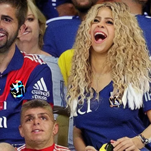 Image similar to shakira with the real madrid shirt laughing at gerard pique crying