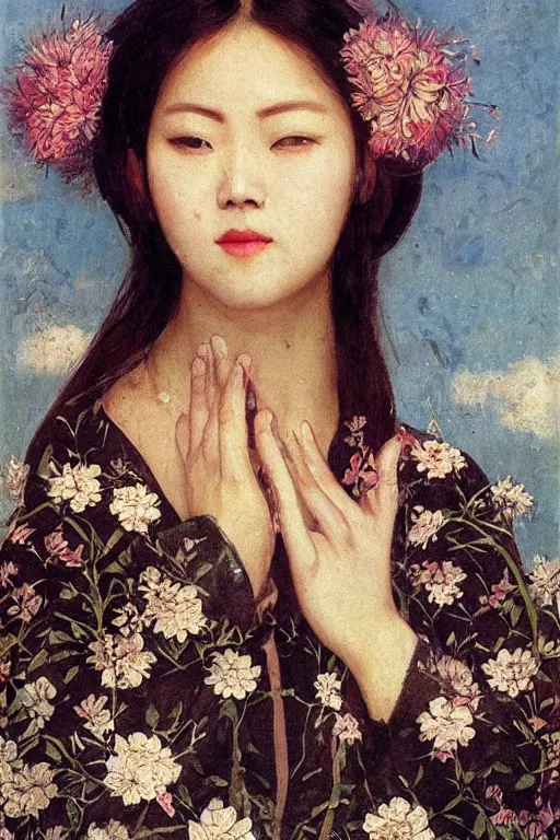 Image similar to close - up fashion asian woman portrait airy flowers sacura cloudy sky art by vasnetsov