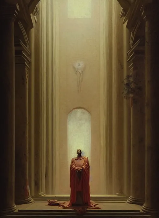 Prompt: neoclassical portrait of antichrist in his temple, by jacques - louis david, by greg rutkowski, by zdzisław beksinski, trending on artstation, featured on pixiv, masterpiece, oil on canvas, cinematic composition, beautiful lighting,