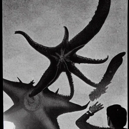 Image similar to rare vintage footage of a giant Kaiju Starfish monster, overshadowing Kim Jong-il, shin sang-ok and Choi Eun-hee escaping, obscured underexposed view