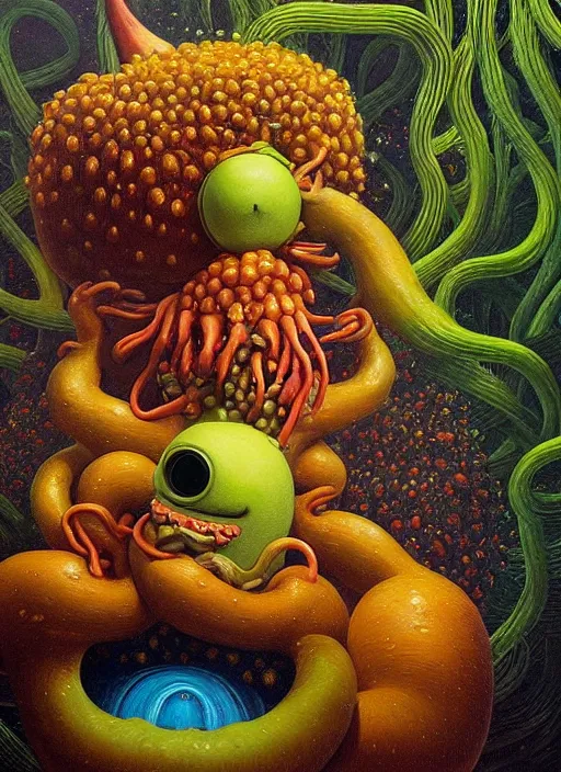 Prompt: hyper detailed Oil painting - Pepe Eats of the Strangling Fruit and His gossamer polyp blossoms bring iridescent fungal flowers whose spores black the foolish stars by Jacek Yerka, Mariusz Lewandowski, Abstract brush strokes, Masterpiece, Edward Hopper and James Gilleard, Zdzislaw Beksinski, Mark Ryden, Wolfgang Lettl, hints of Yayoi Kasuma