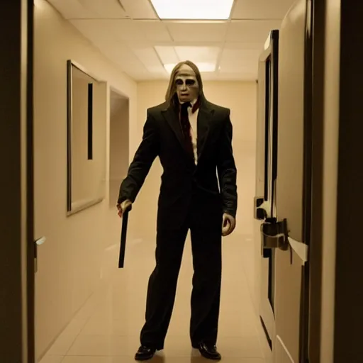 Image similar to arthas menethil as the american psycho, cinematic still