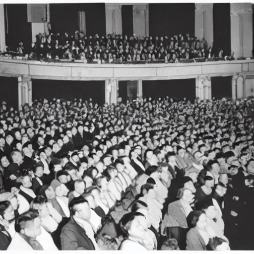 Prompt: Photo of crowd at 1944 opera shows one person who clearly doesn't belong