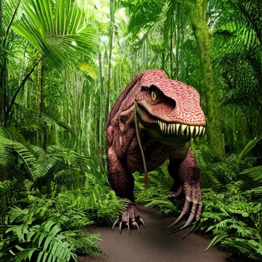 Image similar to giant tyrannosaurus rex walking through a tropical forest