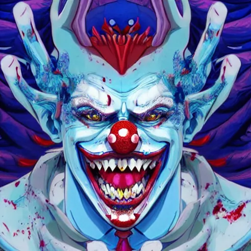 Image similar to 4K headshot of godlike clown with blue skin with defined arms and open hands and bloody clothes with giant mandala wings , white intricate scary clown makeup , flawless anime cel animation by Kentaro Miura, psychedelic , highly detailed upper body , professionally post-processed , beautiful, scary, symmetry accurate features, epic, octane rendered, anime masterpiece, accurate