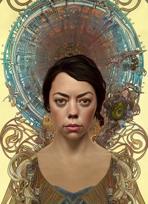 Image similar to Aubrey Plaza as God of Strangeness, cute, fantasy, intricate, elegant, highly detailed, digital painting, 4k, HDR, concept art, smooth, sharp focus, illustration, art by alphonse mucha,artgerm, H R Giger