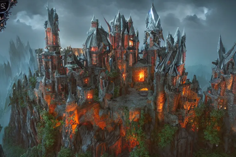 Image similar to big evil fairy castle - city rock dark shadow elves, might and magic heroes 7, dark fantasy, shadows, artstation trending, unreal engine 5, red