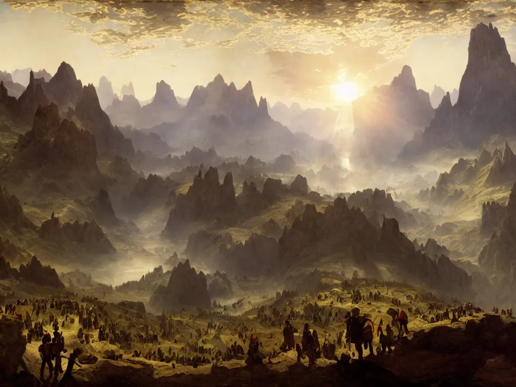 Prompt: a colony of humans on an alien planet, high mountains and cloud filled skies., by albert bierstadt, artstation, in the style of assassin's creed, by pieter bruegel the elder, cinematic, golden hour, wide angle, technicolor, divine, perfectionism