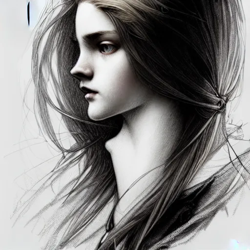 Image similar to black and white pen and ink sketch of a scottish teenage girl with dark blonde hair, glowing skin, intelligent face, fantasy, intricate, elegant, dress shirt, highly detailed, digital painting, artstation, concept art, smooth, sharp focus, illustration, art by Krenz Cushart and Artem Demura and alphonse mucha