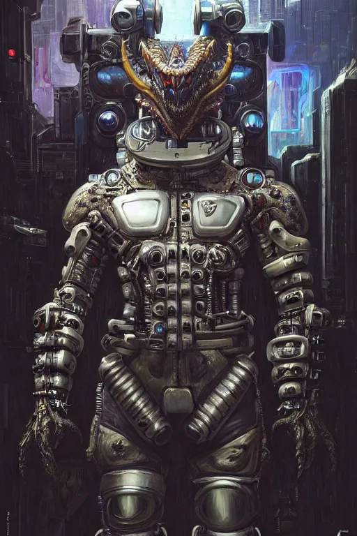 Prompt: a portrait of a muscular anthropomorphic cyberpunk dragon in spacesuit armor with ensignia on chest plate by sandra chevrier, by jon foster, detailed render, post - processing, extremely hyperdetailed, intricate, epic composition, cybernetics, 4 k realistic, cryengine, realistic shaded lighting, sharp focus, masterpiece, by enki bilal