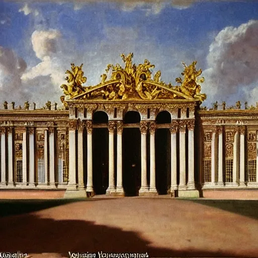 Image similar to fine art, oil on canvas baroque style 1 9 5 6 by diego velasquez. the main entrance of the palace of versailles in france.