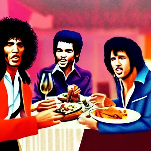 Prompt: fancy dinner in heaven, including elvis, jimi hendrix, and jim morrison, eating and drinking wine, ultra realistic, highly detailed, 4 k