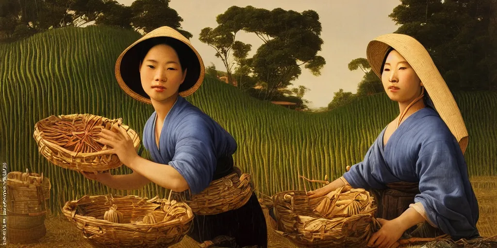 Prompt: beautiful oil matte portrait painting, vietnamese woman of an elevated rice field tending to her work, wonderful masterpiece highly detailed, beautiful cinematic light deep focus, elegant, digital painting, smooth, sharp focus, golden ratio, dramatic illumination, ultra realistic, 8 k, art by artemisia lomi gentileschi and caravaggio