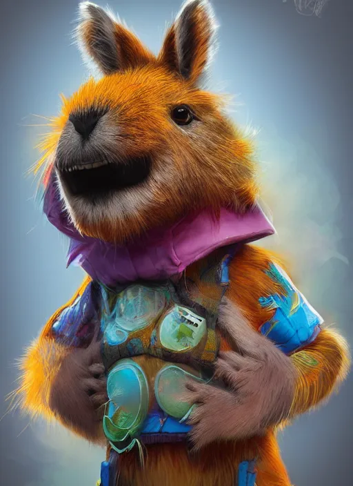 Image similar to detailed full body concept art illustration colorful pastel painting of an anthropomorphic capybara superhero in full intricate clothing, biomutant, ultra detailed, digital art, octane render, 4K