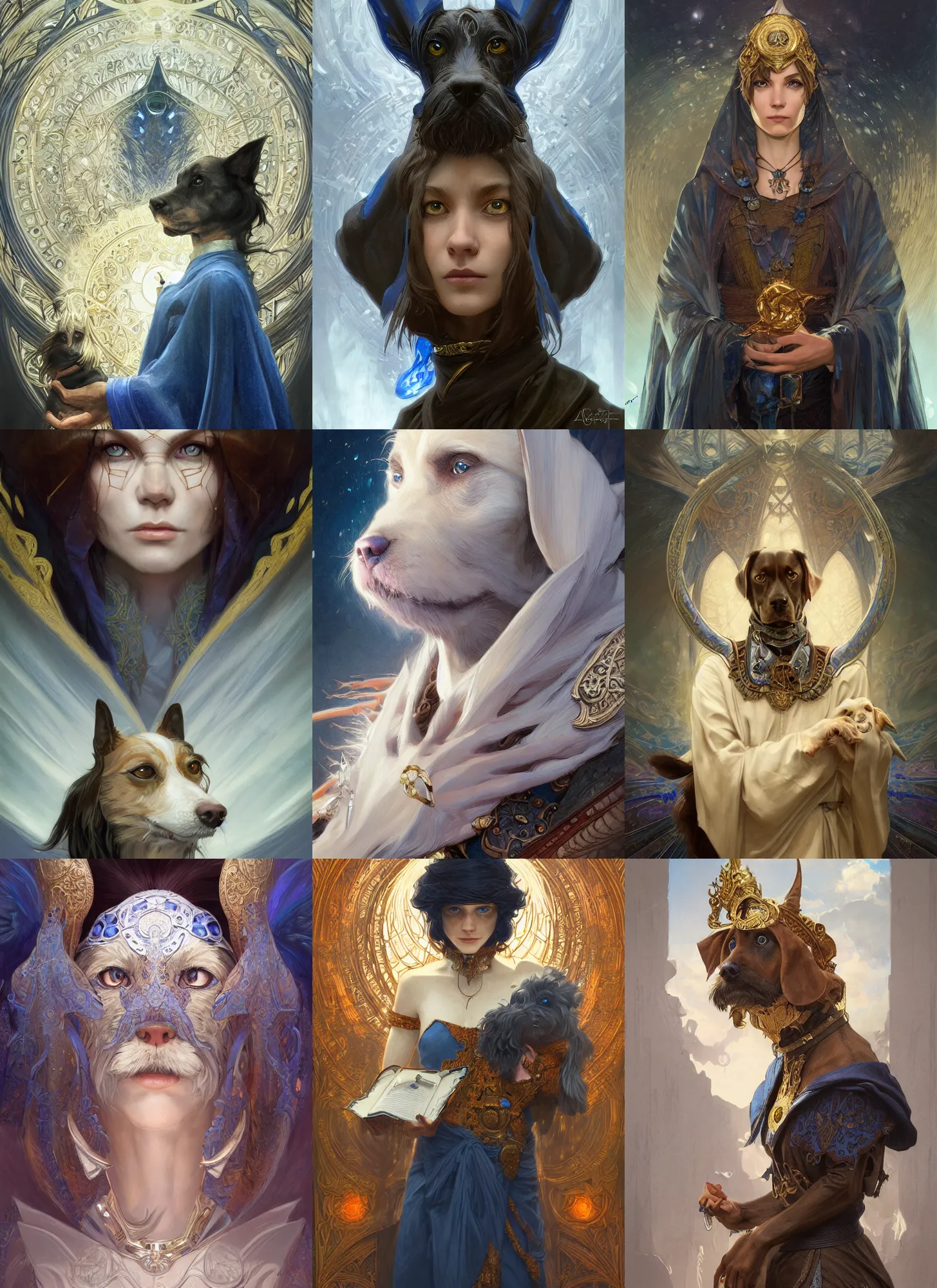 Prompt: Portrait of dog sorcerer, D&D, blue eyes, face, fantasy, intricate, elegant, highly detailed, digital painting, artstation, concept art, smooth, sharp focus, illustration, art by artgerm and greg rutkowski and alphonse mucha