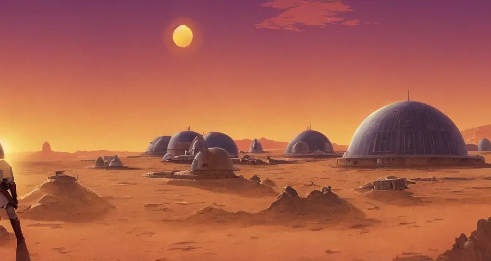 Image similar to beautiful wide shot tatooine landscape, Luke skywalker sunset, little domes, Star Wars a new hope 1977, studio ghibli, Miyazaki, Greg rutkowski, Alphonse mucha, Moebius, golden hour, highly detailed, hdr, vivid color, 70mm