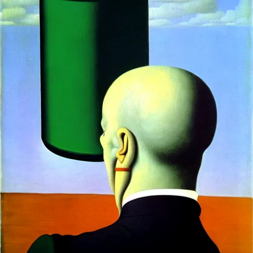 Image similar to a man thinks about what to buy at the grocery store, by rene magritte and salvador dali, oil on canvas