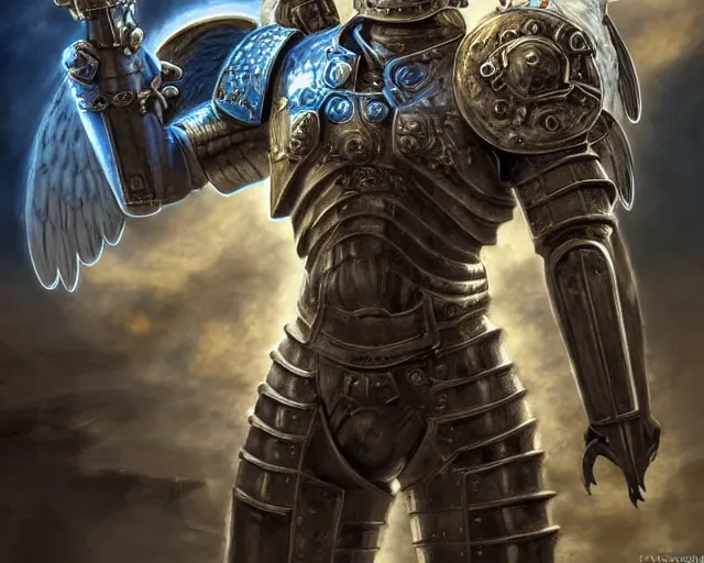 Prompt: a digital painting of an angel in armor in armor in armor holding two massive guns!!!!!!!!!!! akimbo, big guns, a digital rendering by jan tengnagel, fantasy art, deviantart hd, apocalypse art, highly detailed, high quality, 8 k resolution