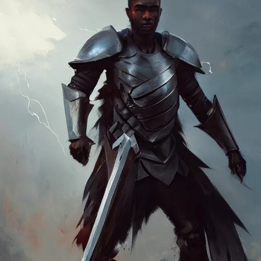 Prompt: black man in full-plate armor, holding a lightning-sword, fantasy art by Greg Rutkowski