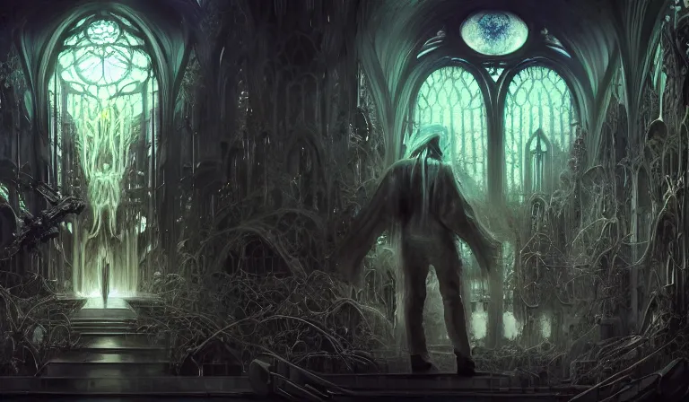 Image similar to muted ombre matte painting beautiful sinister alabaster neogothic skullpunk spirit doctor dismantles iridescent enchanted intergalactic mecha garden, man machine cathedral of chimeric beholder polyphemous power crystals psychotropic tessalating frequencies singularity artgerm wlop james jean andrei riabovitchev marc simonetti yoshitaka amano artstation, cgsociety