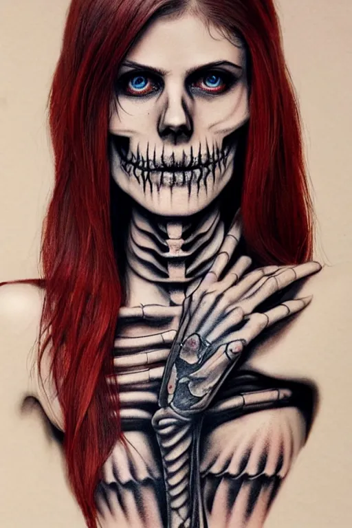 Image similar to skeleton black bones full body tattoo!!, covered with blood, alexandra daddario face!!, long red hair, beautiful blue eyes, ultra realistic, concept art, intricate details, highly detailed, photorealistic, octane render, 8 k, unreal engine. retro film still, heavy grain, 3 5 mm, art by artgerm and greg rutkowski and alphonse mucha